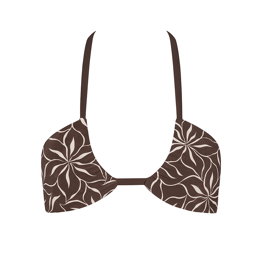 sustainable swimwear top allera brown flowers