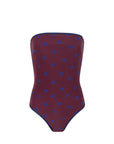 sustainable swimwear swimsuit cobalt plum dots
