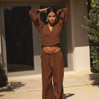 linen trousers clay brown