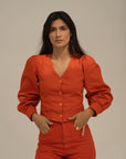 eli denim top red orange
