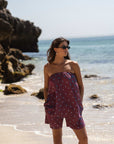 caicai linen top cobalt plum dots