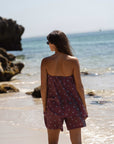 caicai linen top cobalt plum dots