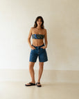 sustainable blue washed denim shorts