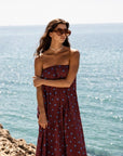 caicai linen dress cobalt plum dots