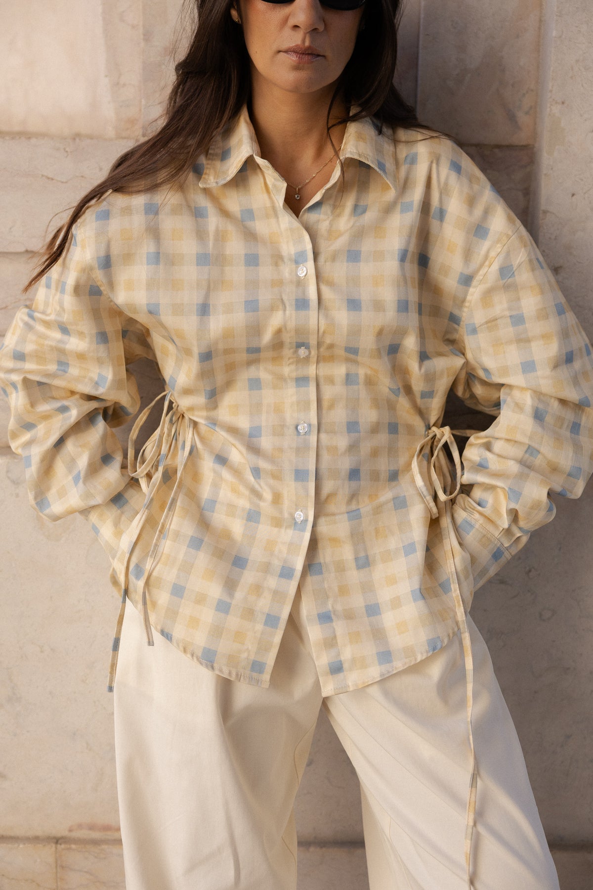 side tie shirt in butter vichy