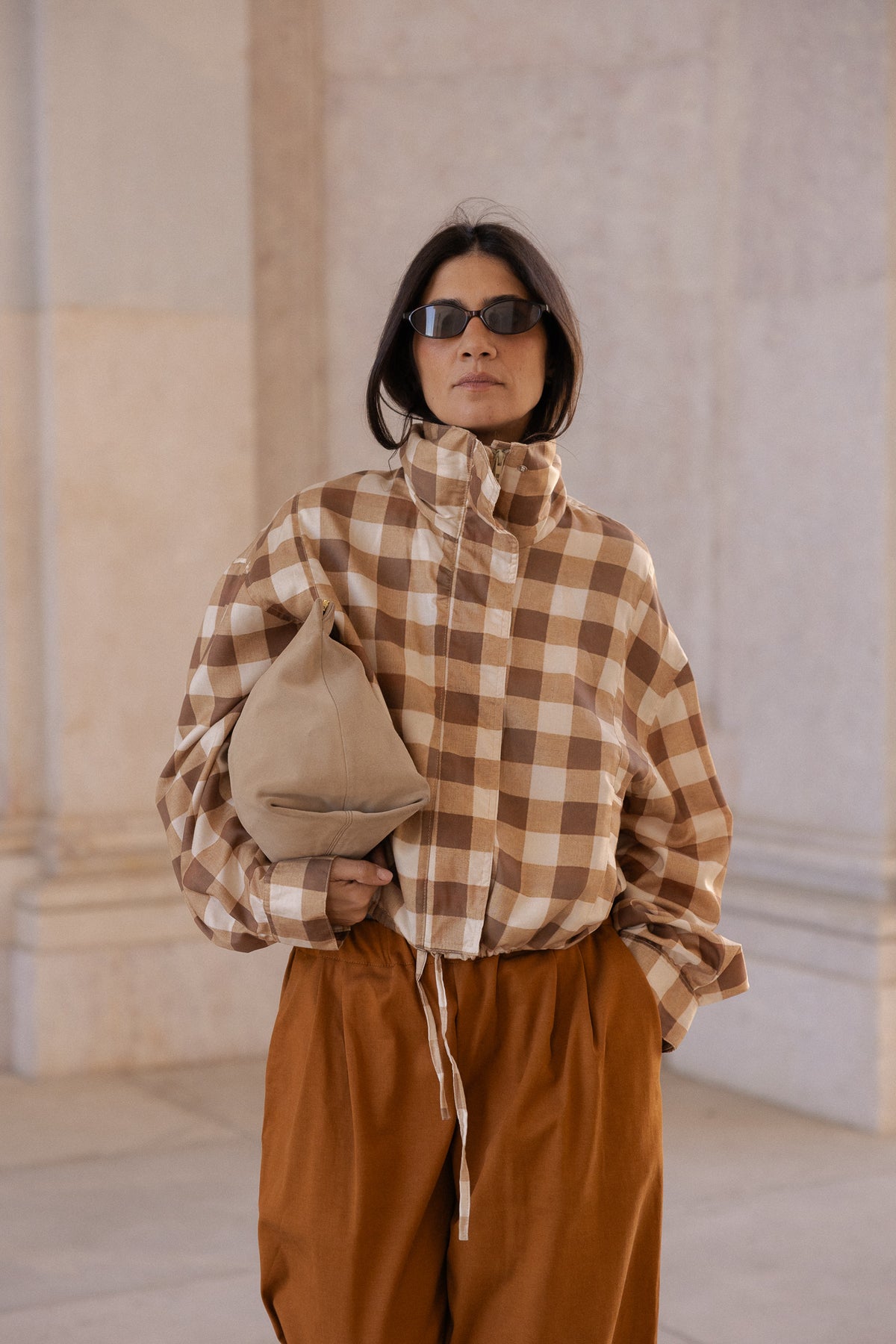 bomber cloud jacket in tan vichy