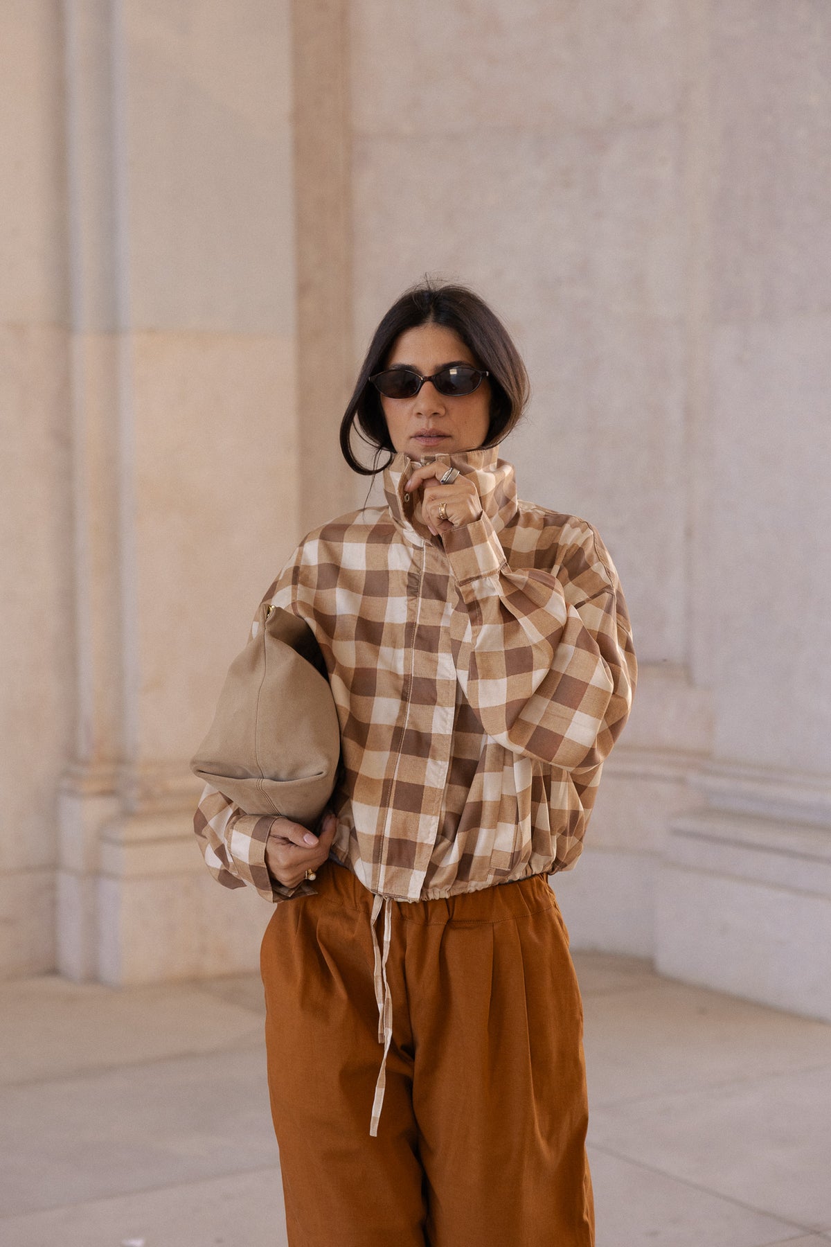 bomber cloud jacket in tan vichy