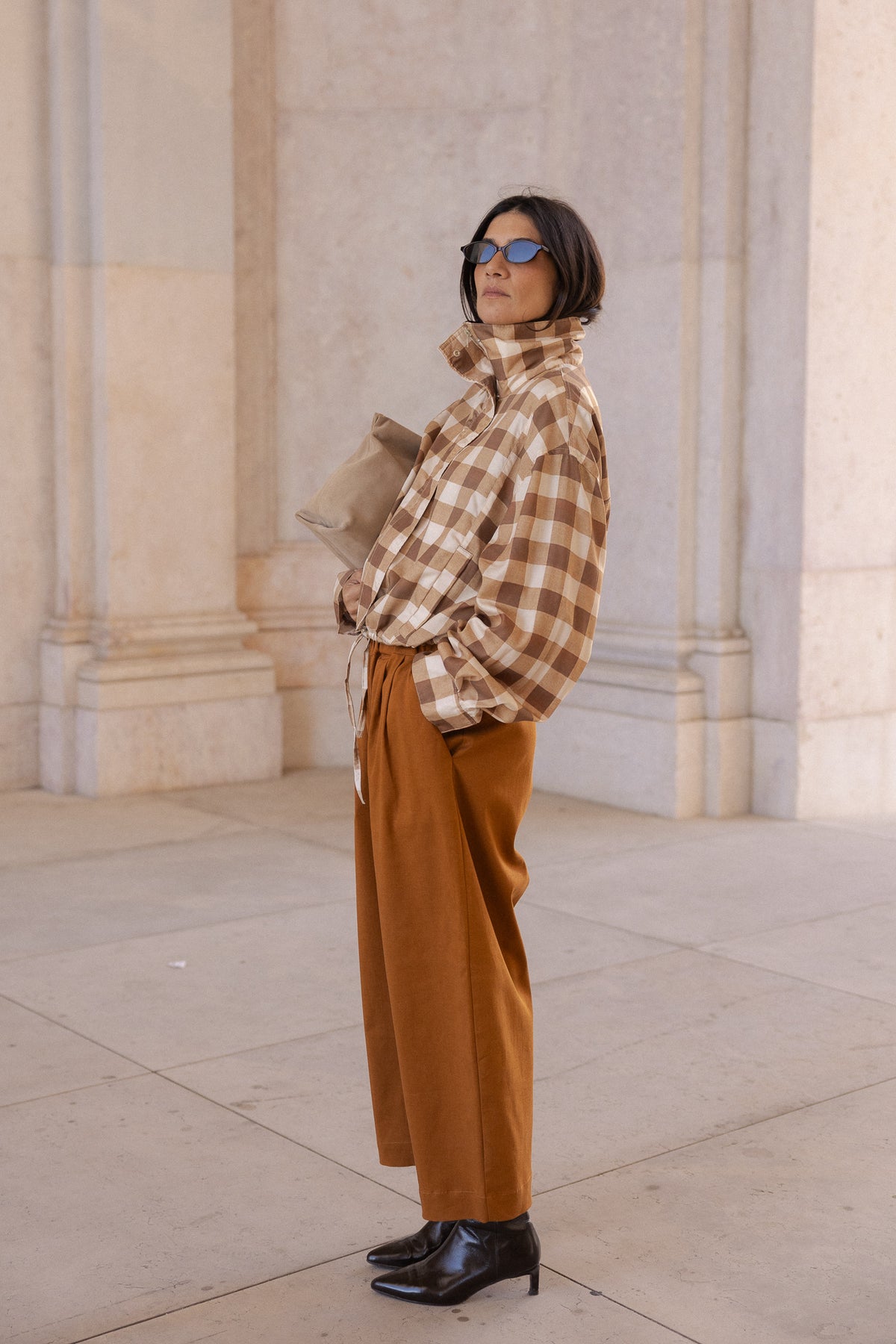 bomber cloud jacket in tan vichy