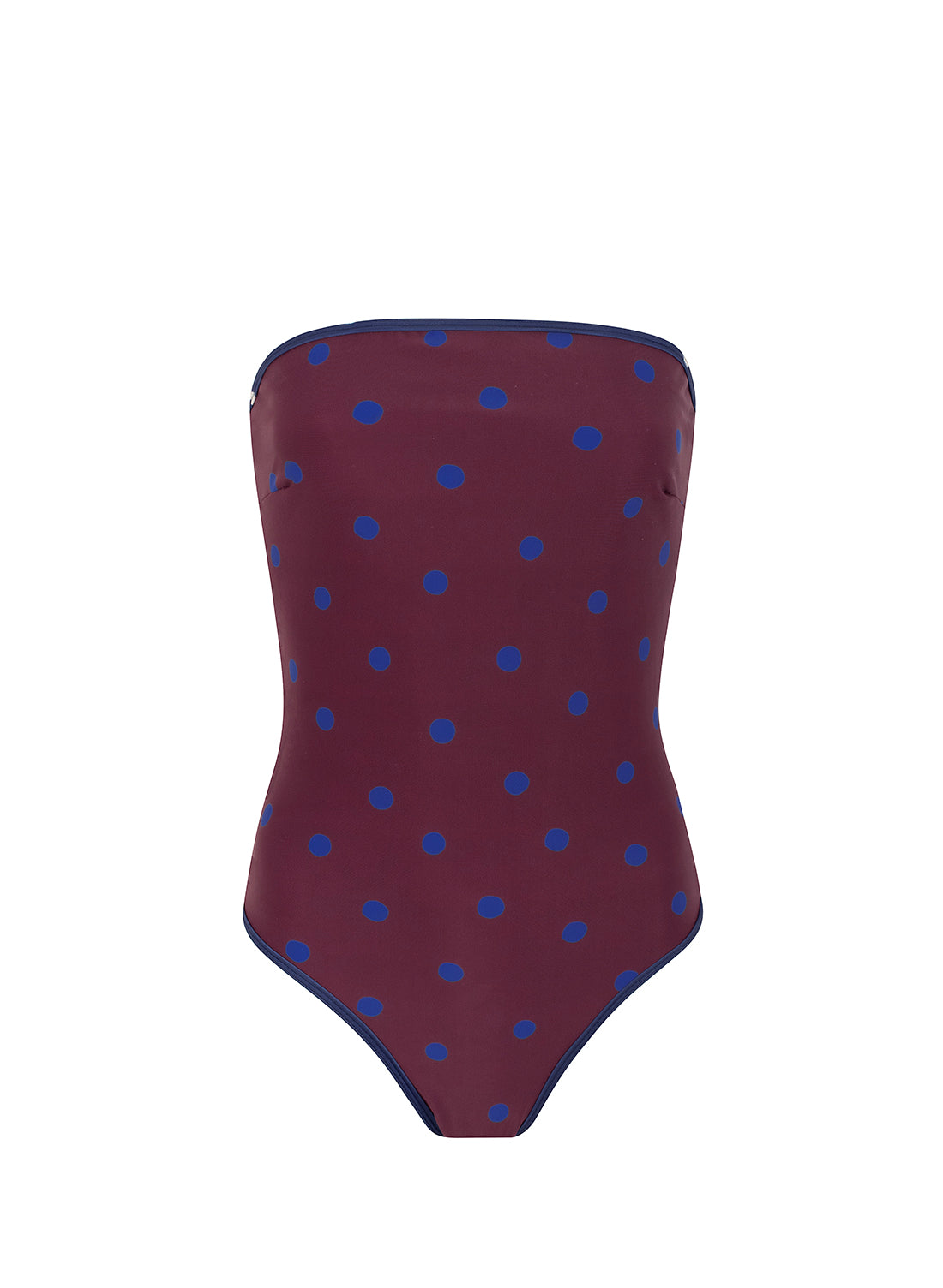 sustainable swimwear swimsuit cobalt plum dots