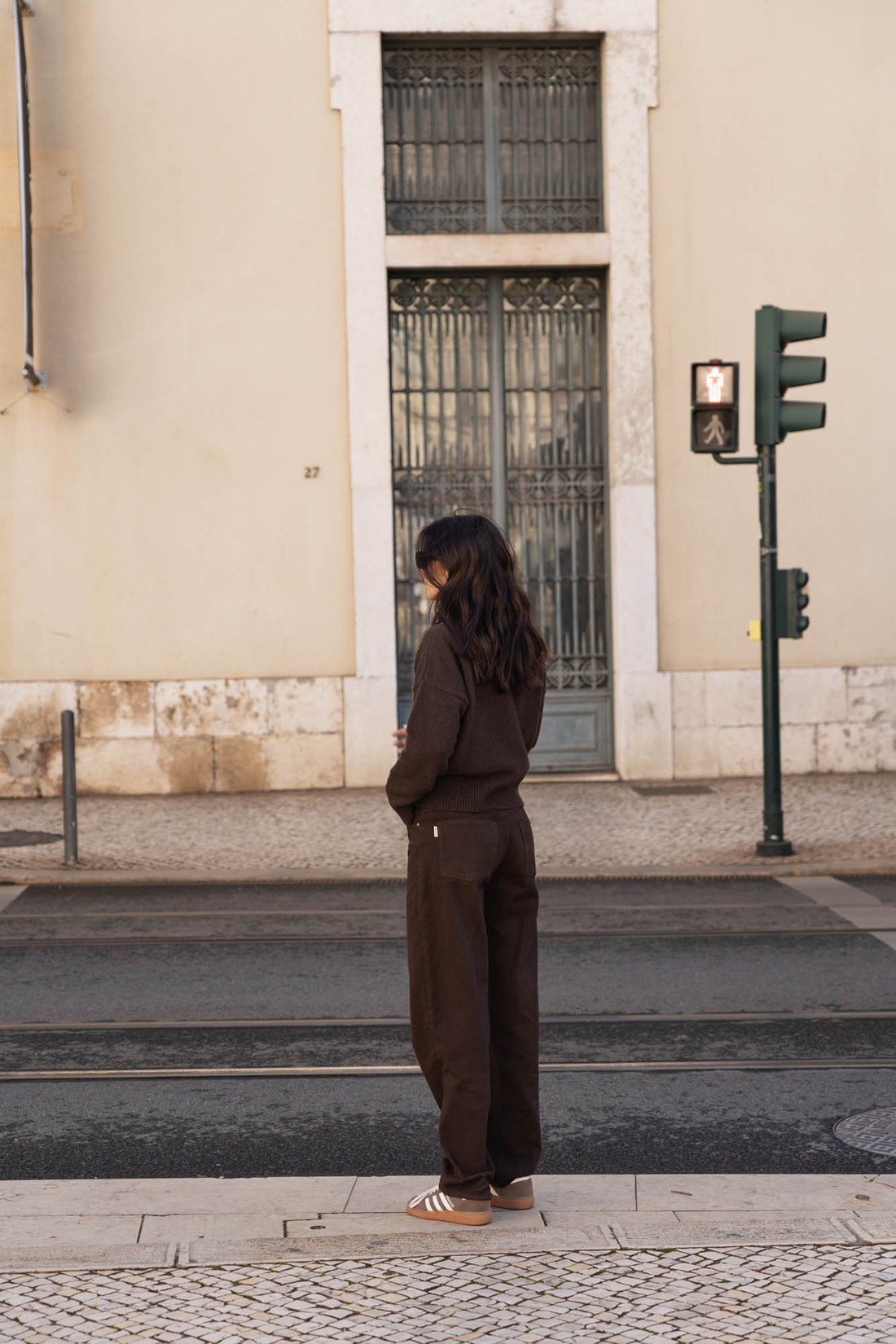 sustainable brown washed denim jeans