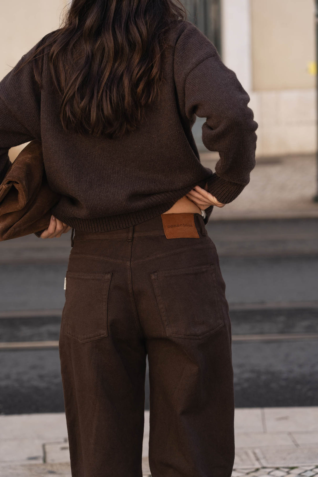 sustainable brown washed denim jeans