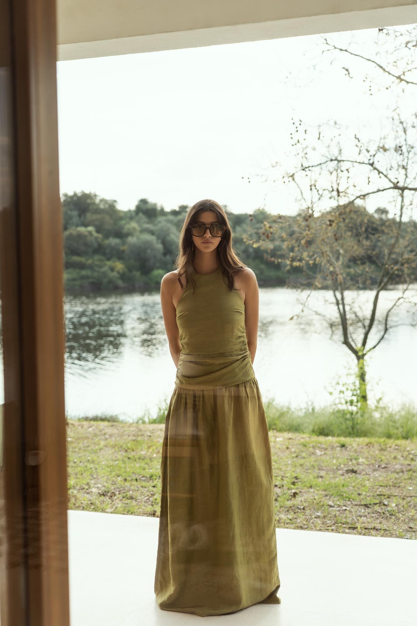 halter linen dress in olive green Conscious the label halter linen dress in olive green Conscious the label