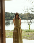 halter linen dress in olive green