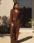 linen trousers clay brown