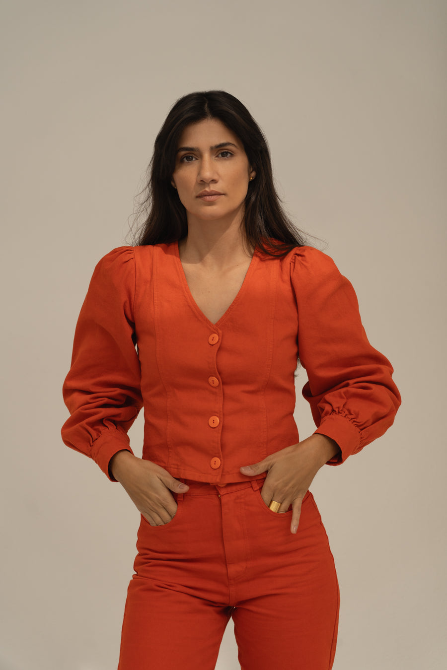 eli denim top red orange