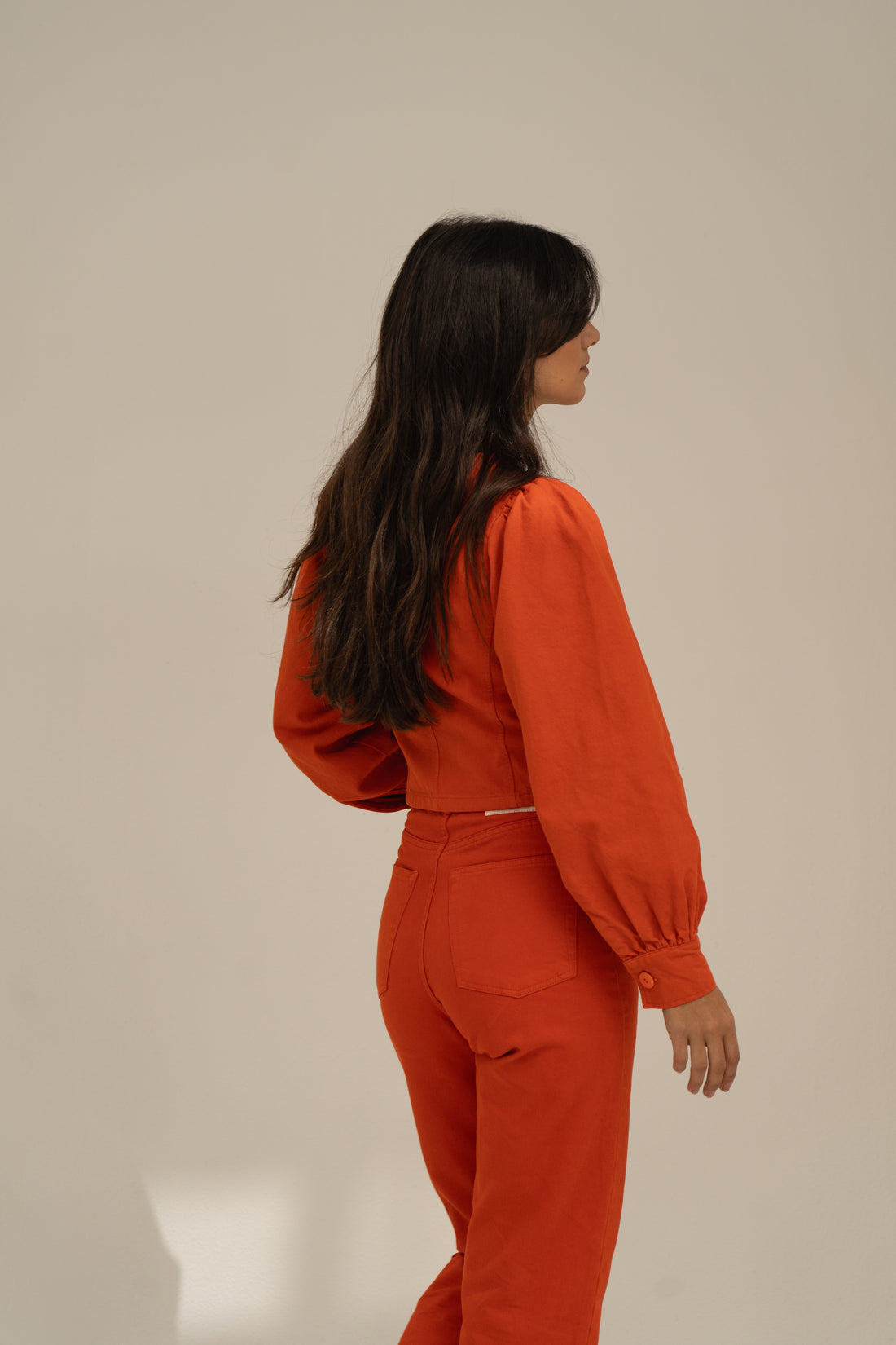 denim trousers red orange