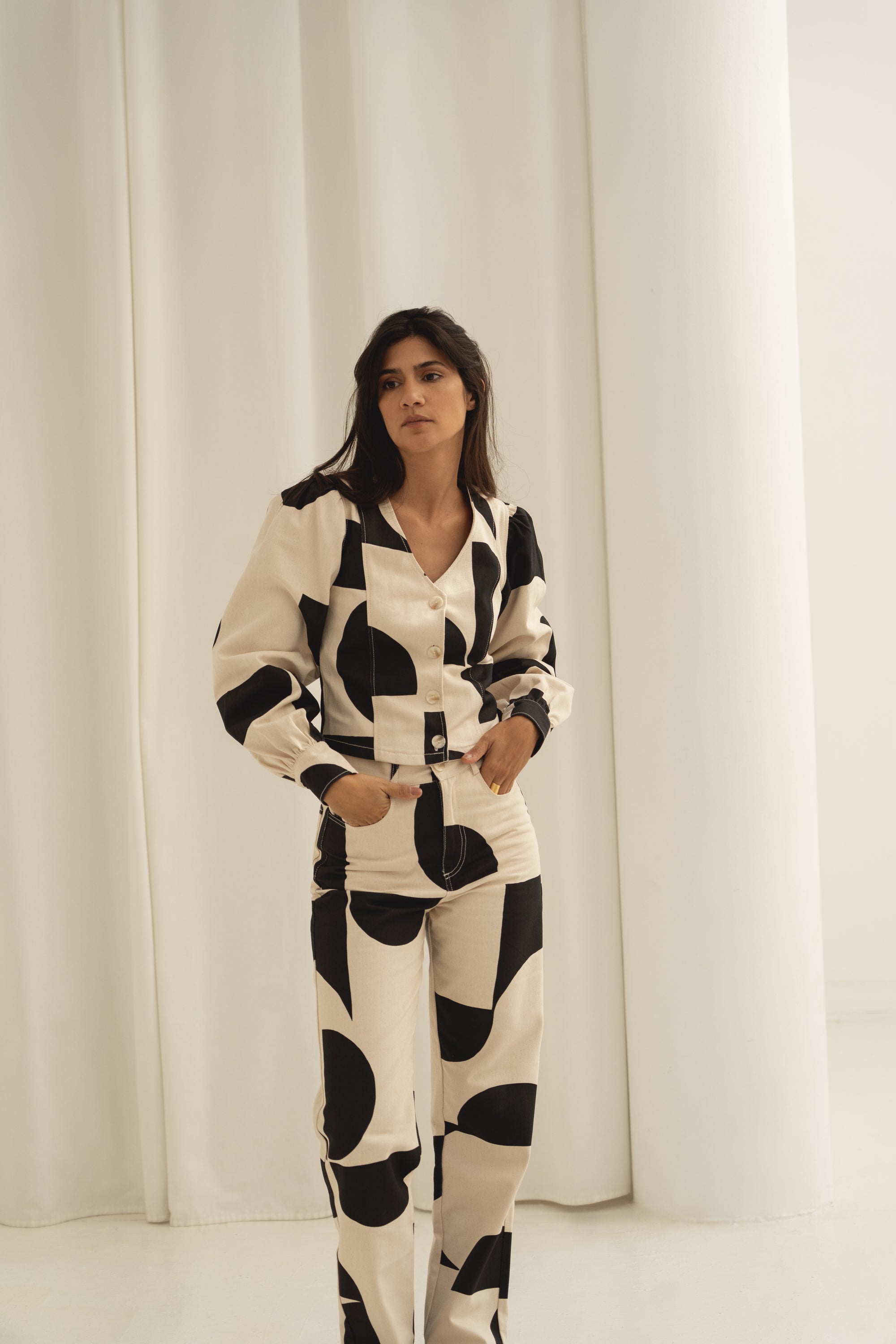 denim trousers print b&amp;w