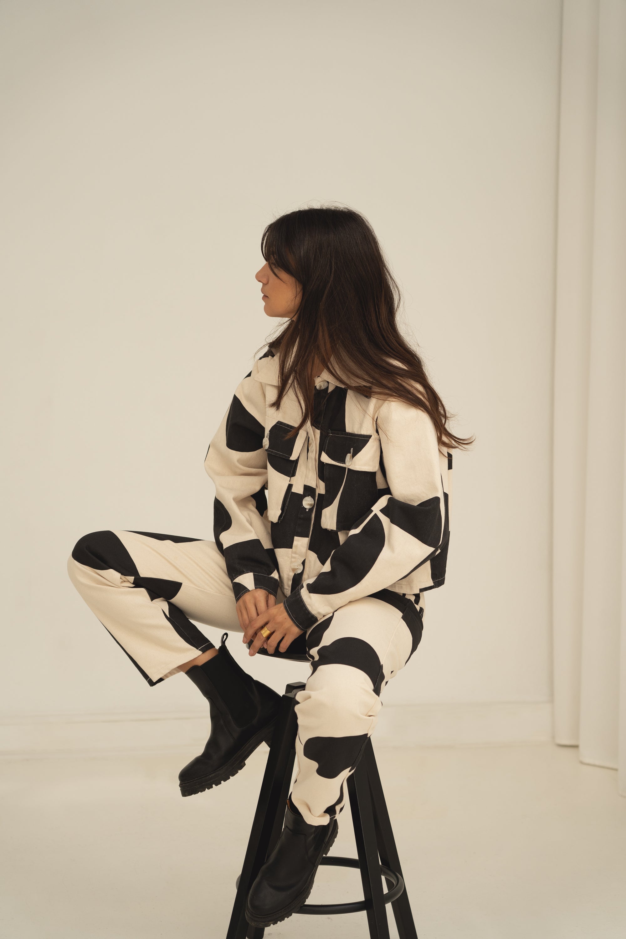 denim trousers print b&amp;w