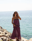 caicai linen dress cobalt plum dots