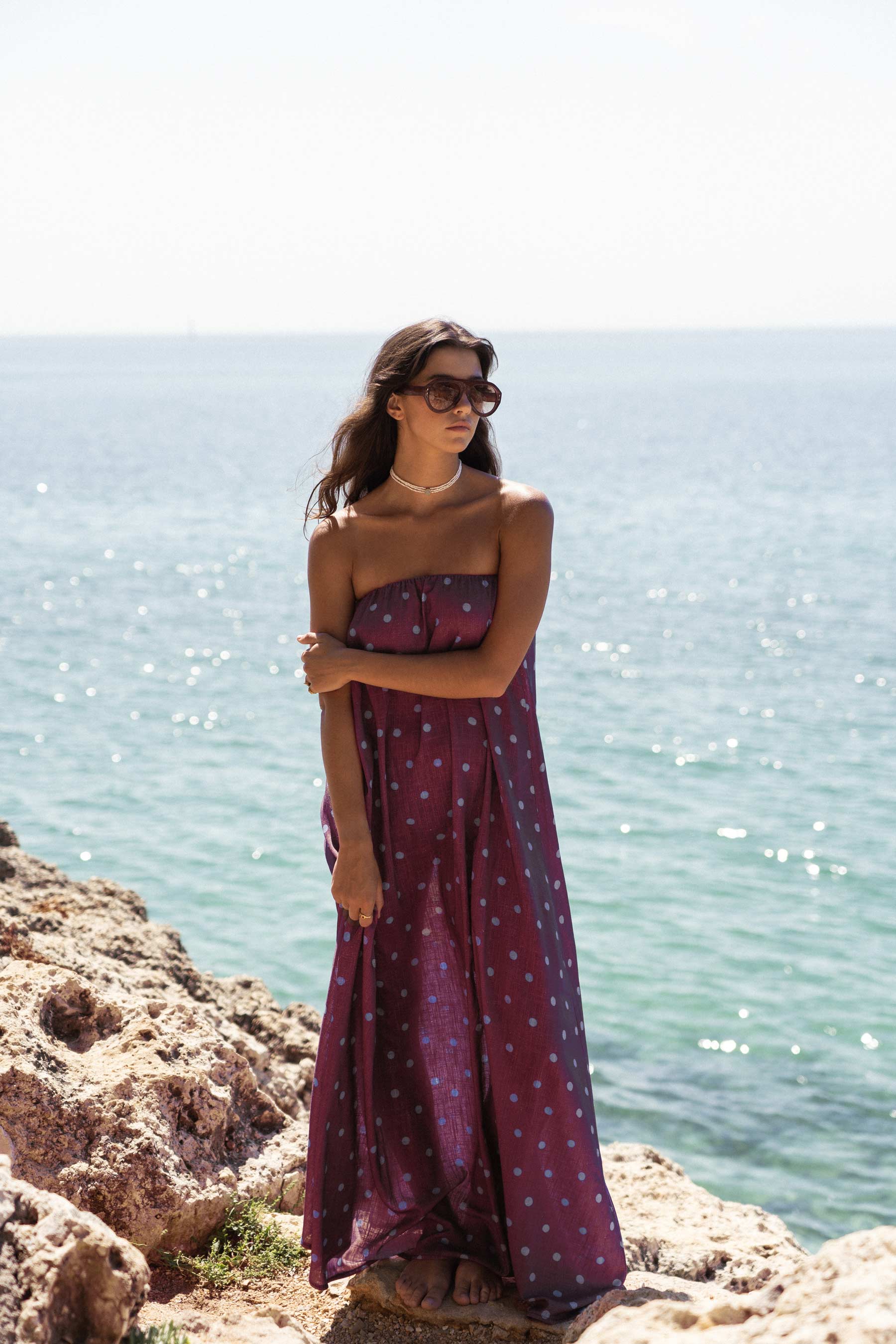 caicai linen dress cobalt plum dots