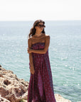 caicai linen dress cobalt plum dots