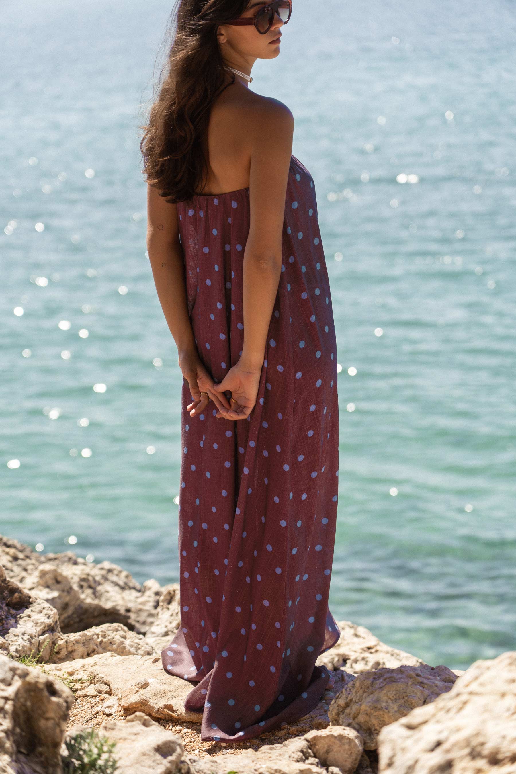 caicai linen dress cobalt plum dots
