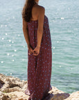 caicai linen dress cobalt plum dots