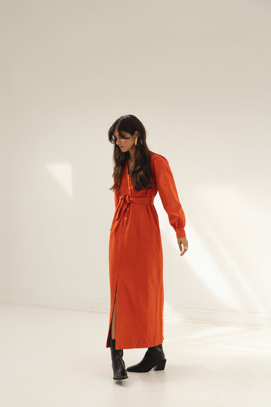 eli denim dress red orange