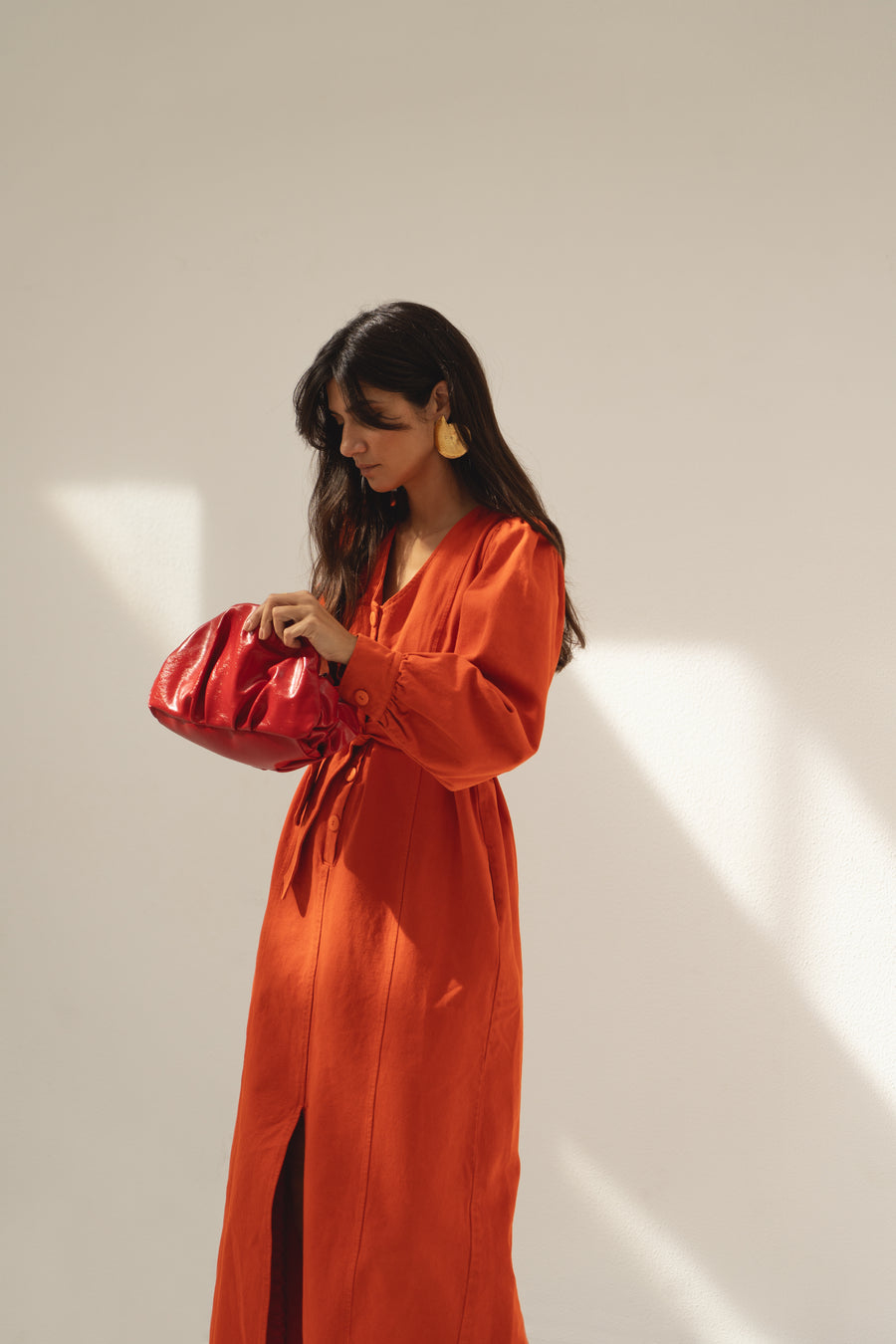 eli denim dress red orange