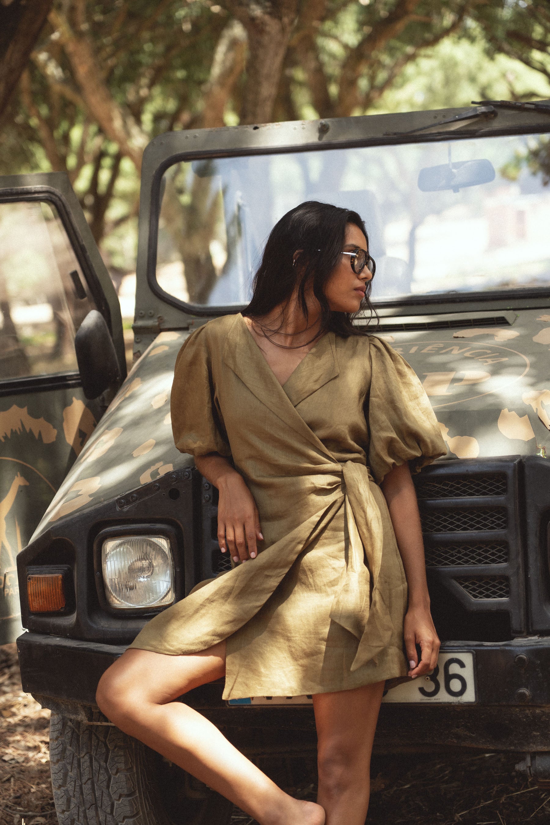 conscious x sienna wrap linen dress khaki