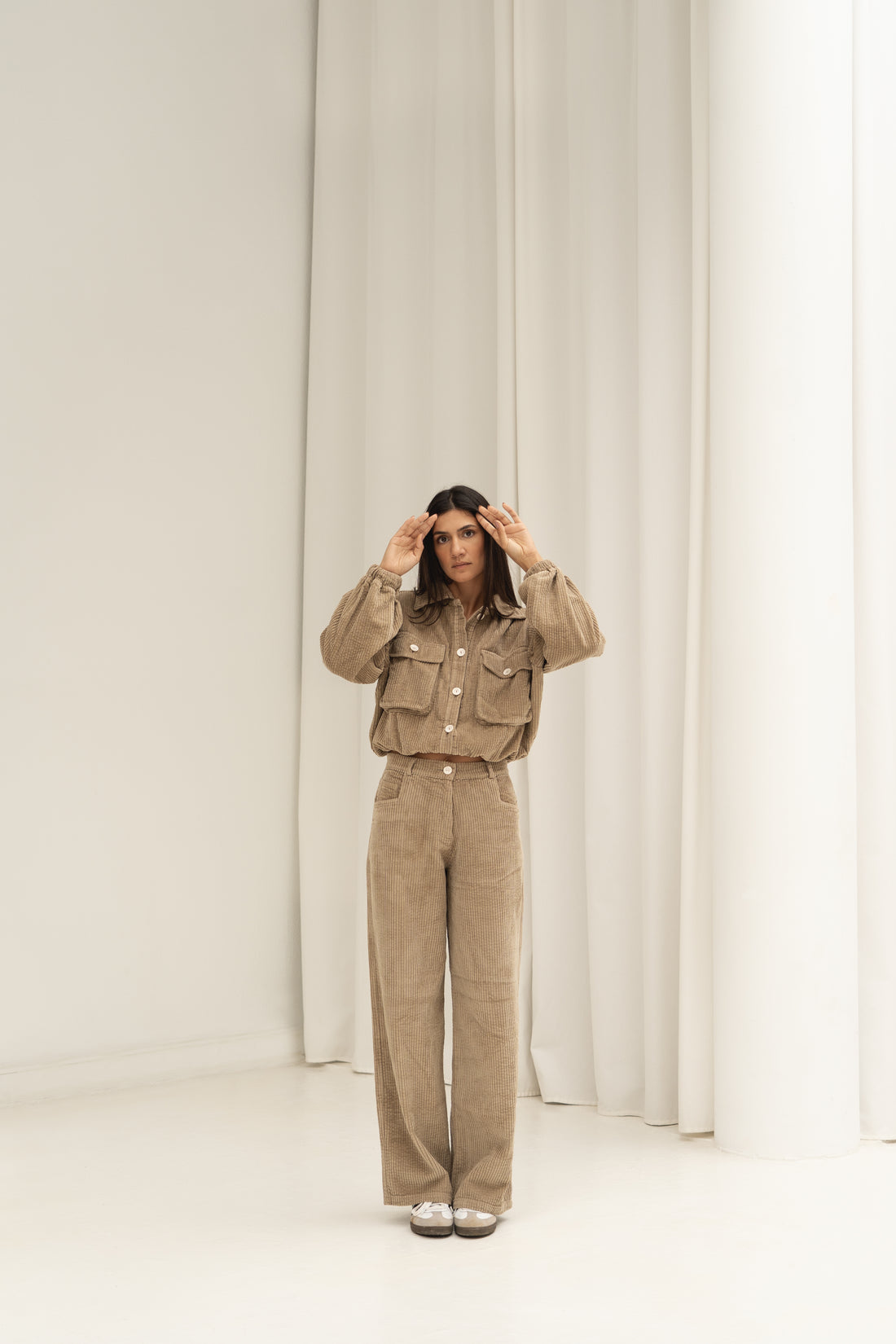 organic cotton corduroy trousers in taupe