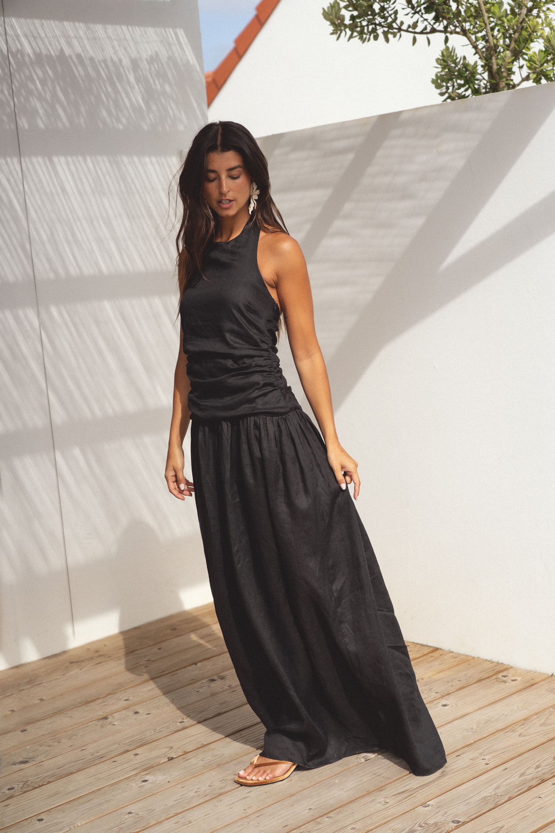 halter linen dress in olive green Conscious the label Smocked dresses Linen Halter Dress Lost