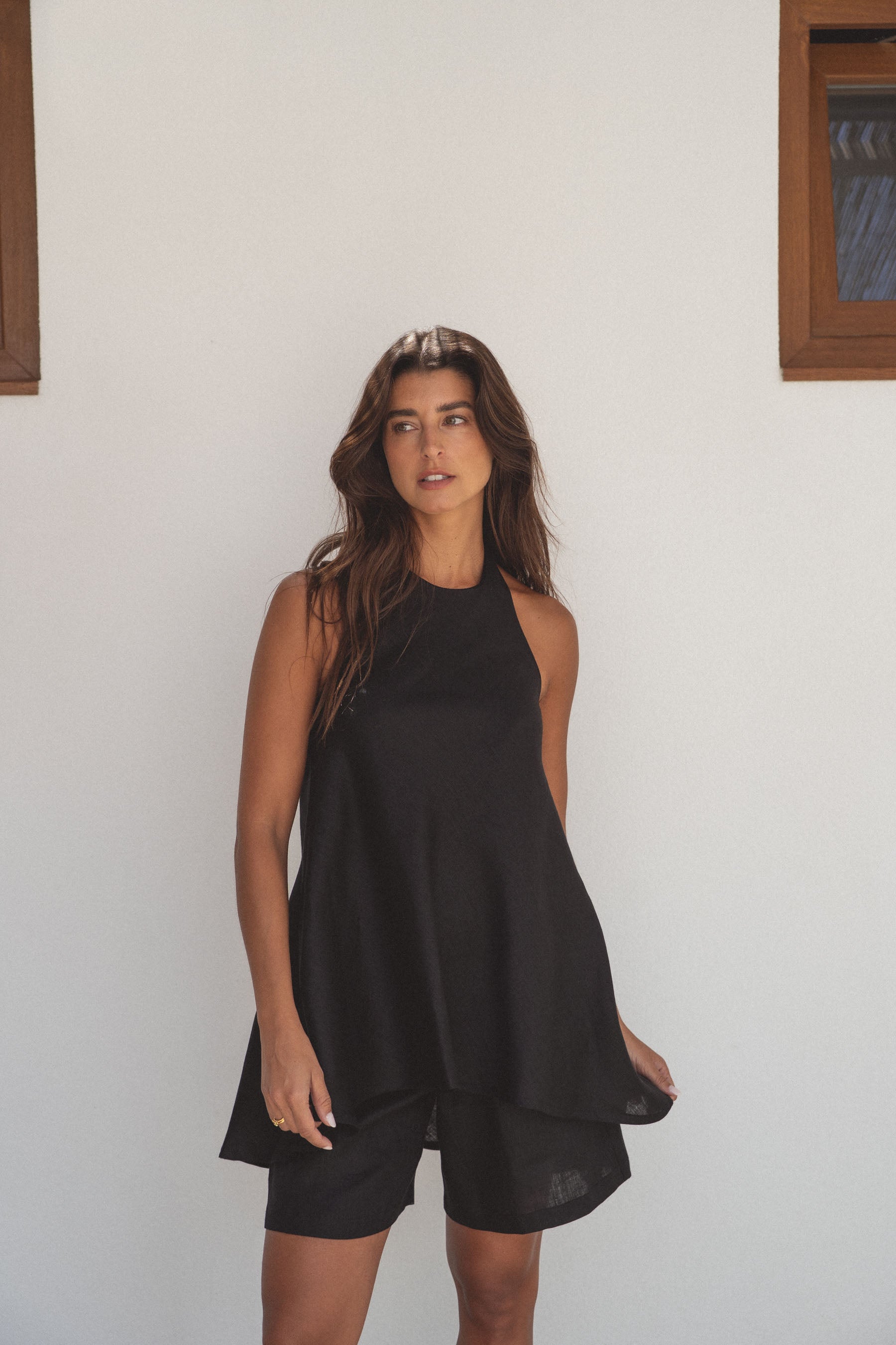 halter linen top noir