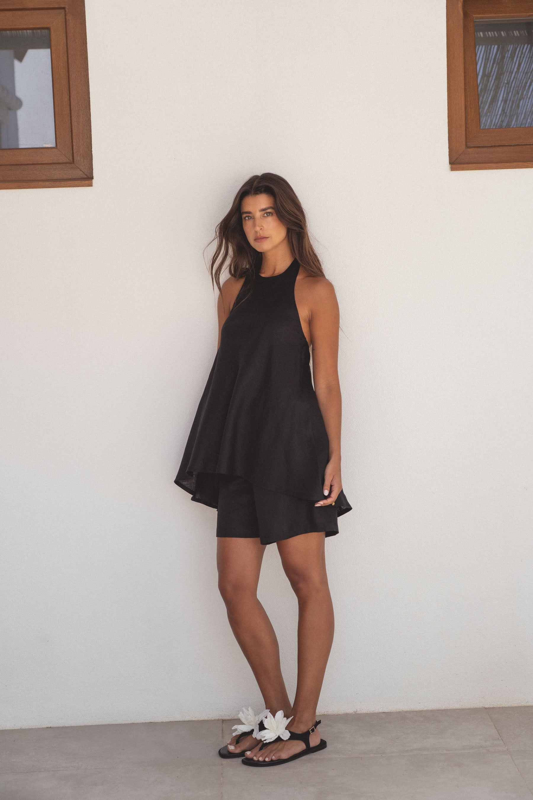 halter linen top noir