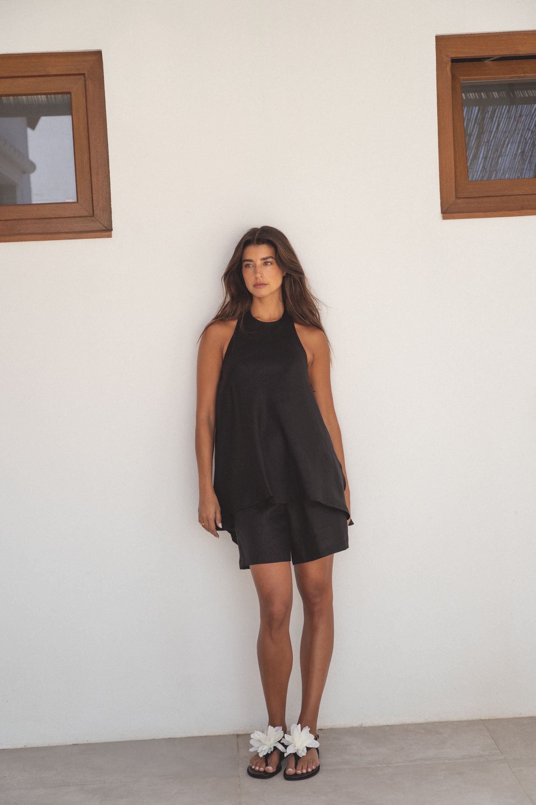 halter linen top noir