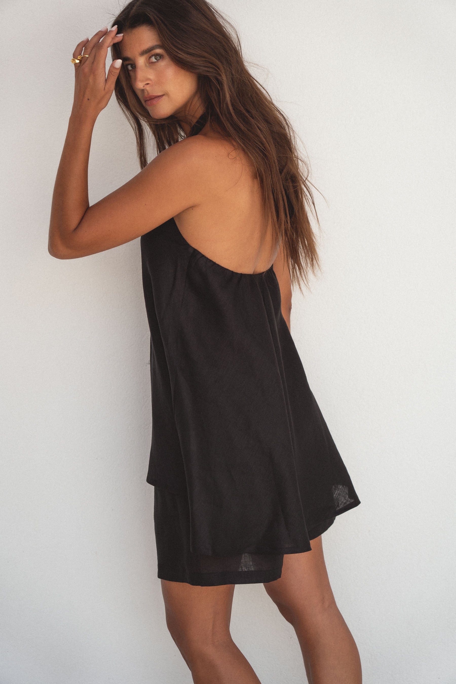 halter linen top noir