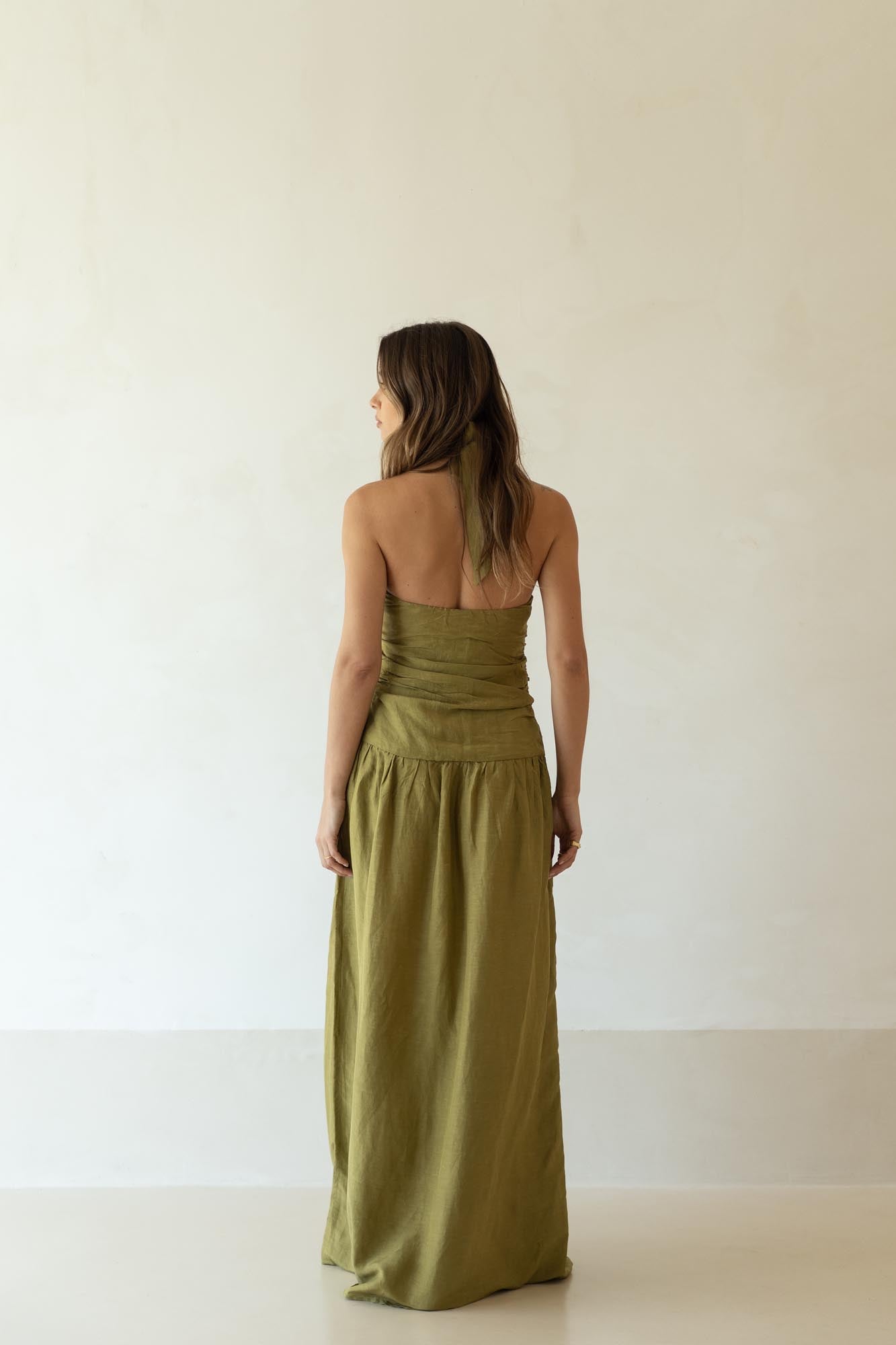 slim fit dress slacks Ashby Linen Halter Midi Dress-Green main image 0