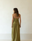 halter linen dress in olive green