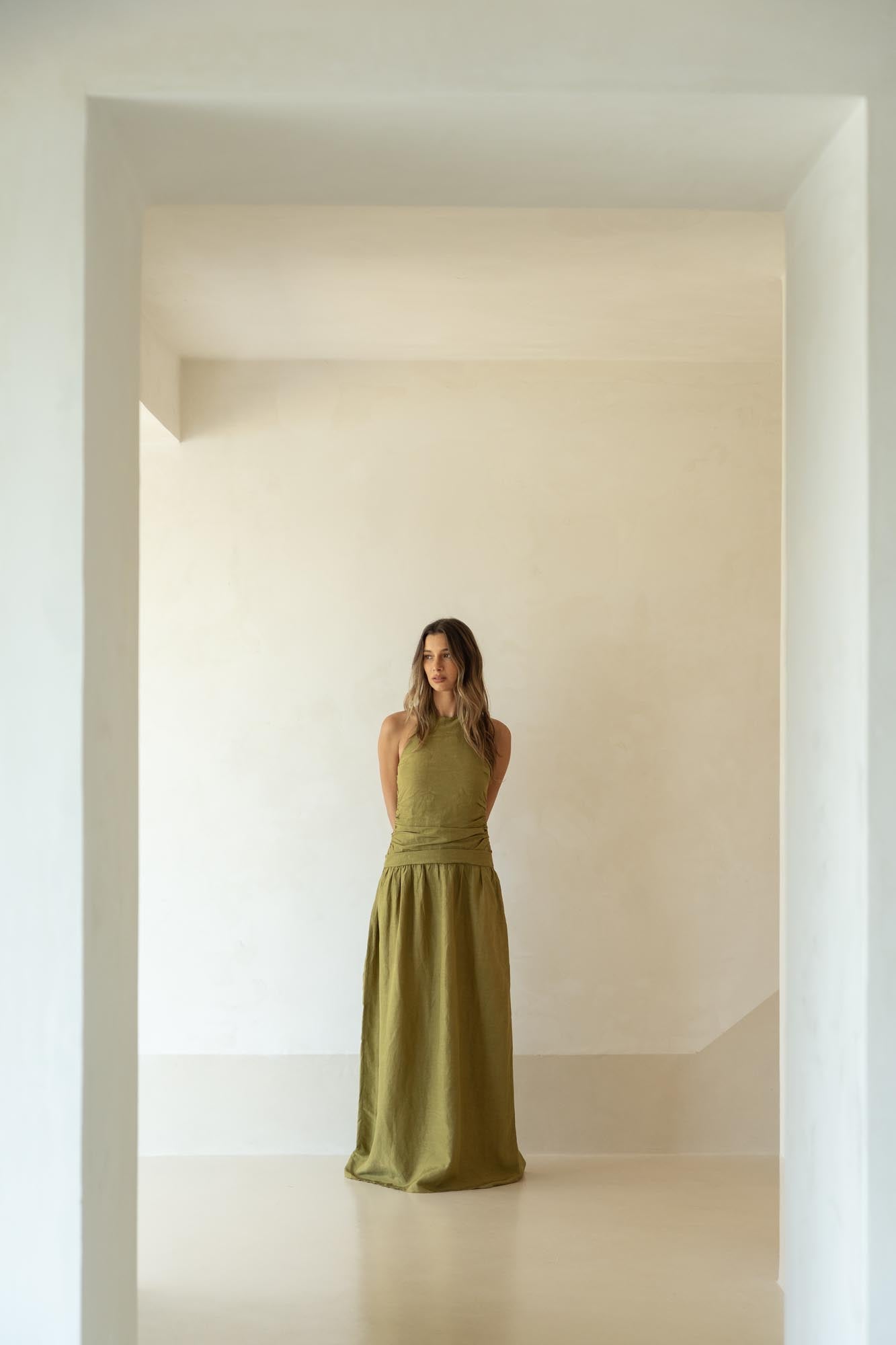 halter linen dress in olive green Conscious the label halter linen dress in olive green Conscious the label