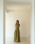 halter linen dress in olive green