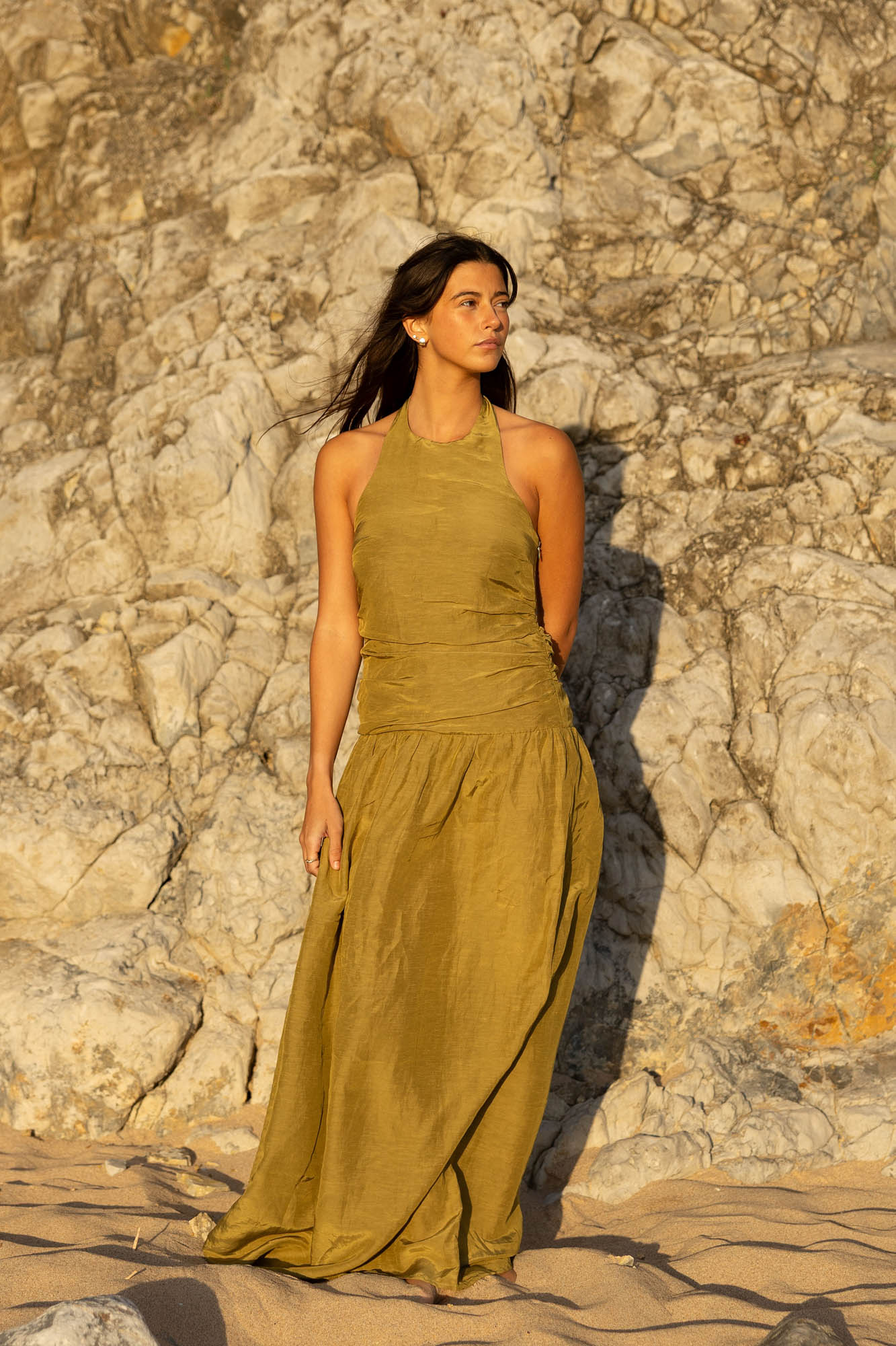 halter linen dress in olive green Conscious the label halter linen dress in olive green Conscious the label