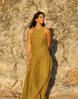 halter linen dress in olive green