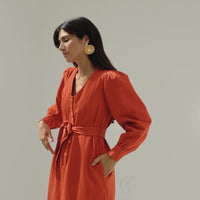 eli denim dress red orange