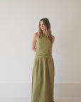 halter linen dress in olive green