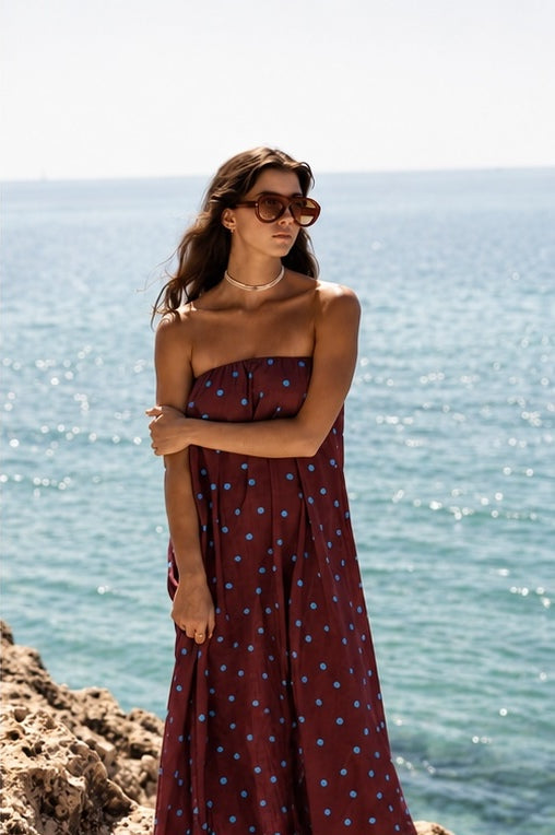 caicai linen dress cobalt plum dots